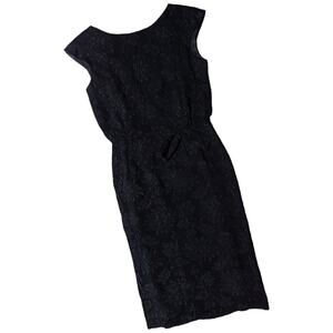 Vintage 1950s Pomette Black Floral Brocade Textured Knee Length Sheath Dress 12
